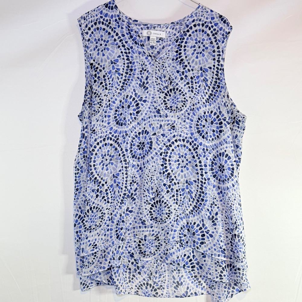 Cristina B Women's Blue XL Sleeveless V-Neck Blouse Mosaic Print Top